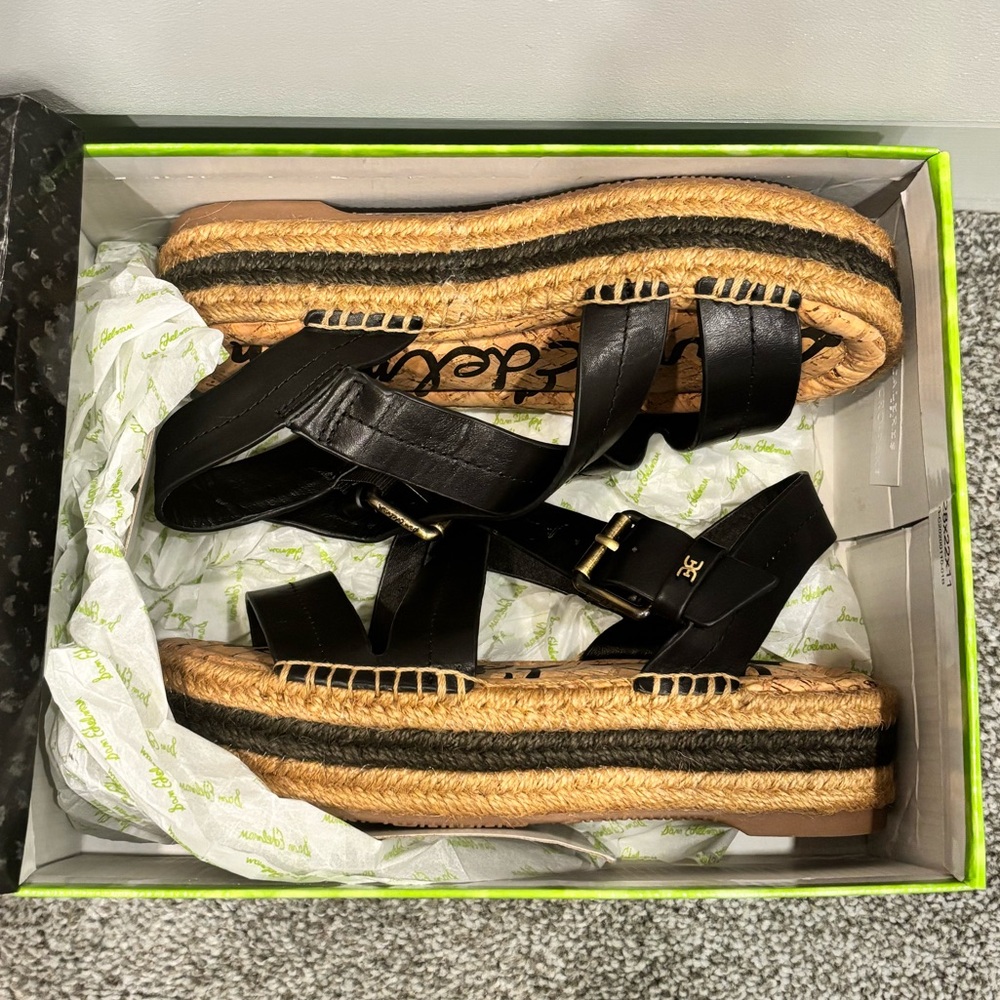 NIB SAM EDELMAN Aisling Black Leather Espadrille Platform Sandals Sz6 - Picture 4 of 11